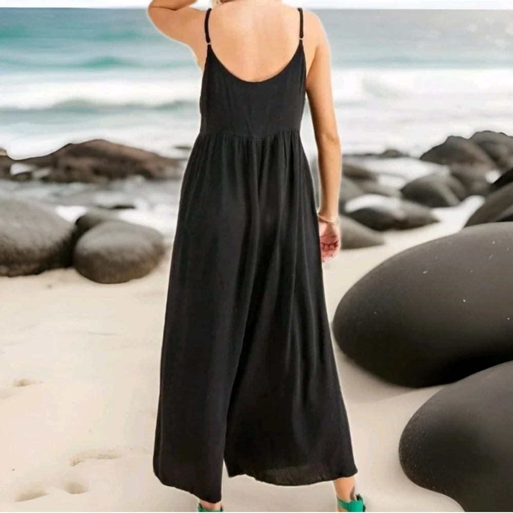 Kori America Baggy Wide Leg Harem Jumpsuit Small Black Culottes Button Y2k New